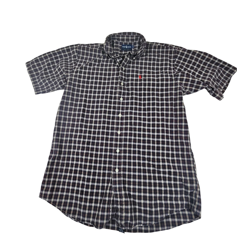 Ralph Lauren Mens XL Plaid Short Sleeve Button Down Shirt Navy Blue Red Cotton